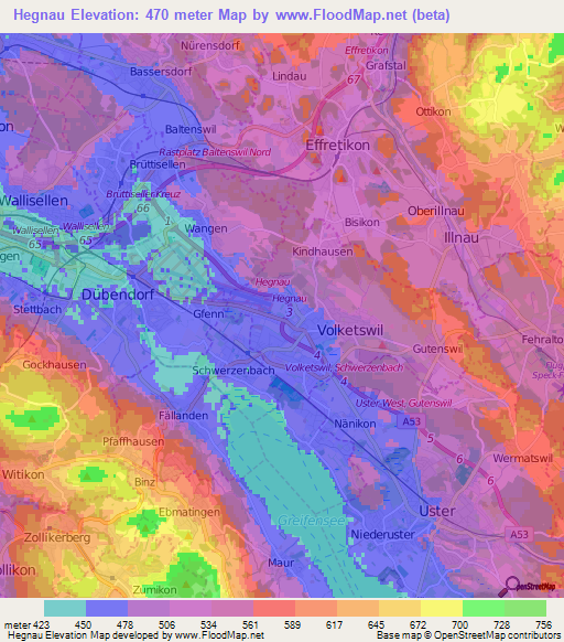 Hegnau,Switzerland Elevation Map