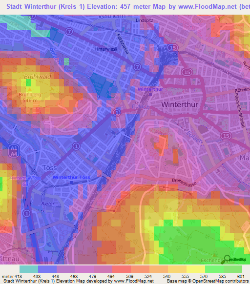 Stadt Winterthur (Kreis 1),Switzerland Elevation Map