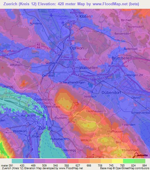 Zuerich (Kreis 12),Switzerland Elevation Map