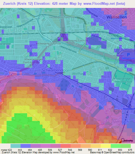 Zuerich (Kreis 12),Switzerland Elevation Map