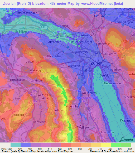 Zuerich (Kreis 3),Switzerland Elevation Map