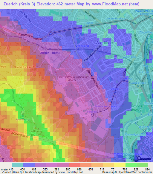 Zuerich (Kreis 3),Switzerland Elevation Map