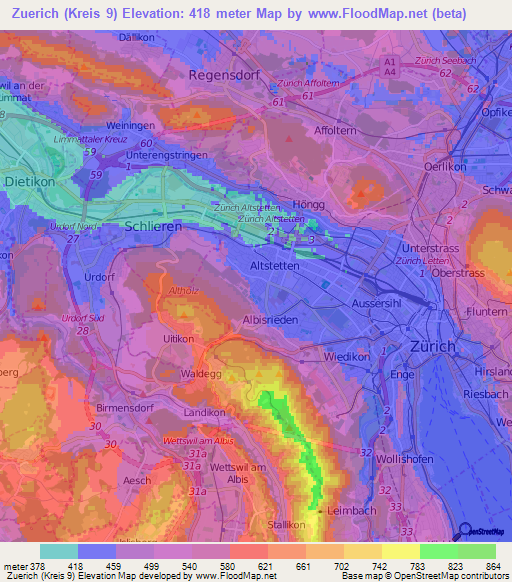 Zuerich (Kreis 9),Switzerland Elevation Map