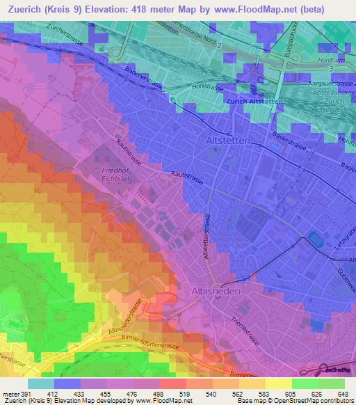 Zuerich (Kreis 9),Switzerland Elevation Map