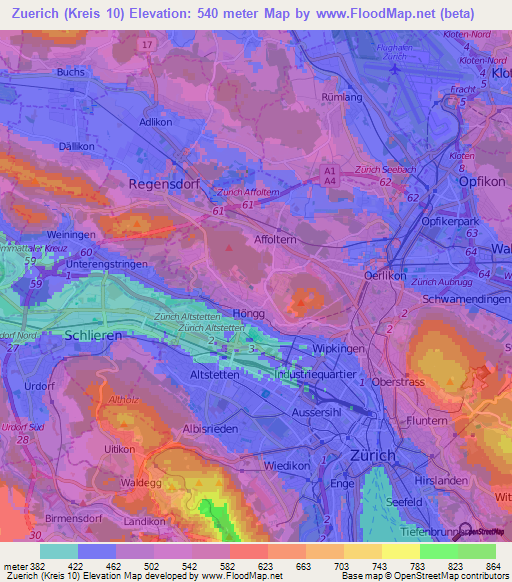 Zuerich (Kreis 10),Switzerland Elevation Map