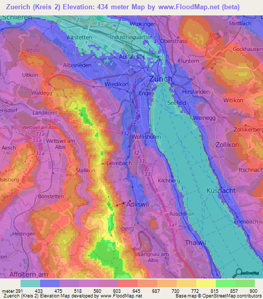 Zuerich (Kreis 2),Switzerland Elevation Map