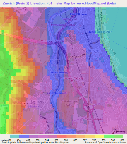 Zuerich (Kreis 2),Switzerland Elevation Map