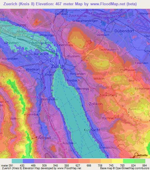 Zuerich (Kreis 8),Switzerland Elevation Map