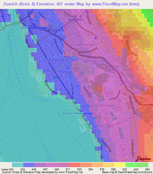 Zuerich (Kreis 8),Switzerland Elevation Map