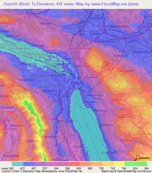 Zuerich (Kreis 1),Switzerland Elevation Map