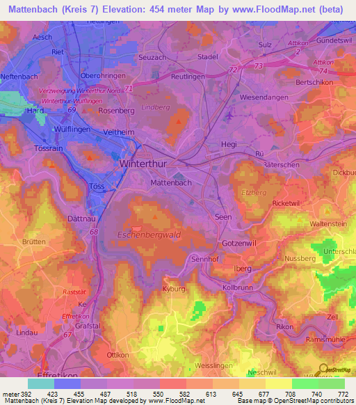 Mattenbach (Kreis 7),Switzerland Elevation Map