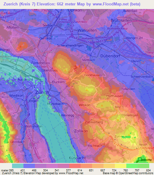 Zuerich (Kreis 7),Switzerland Elevation Map