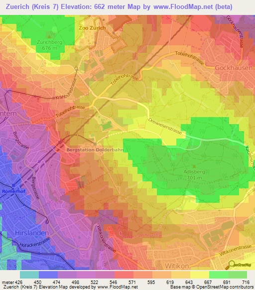 Zuerich (Kreis 7),Switzerland Elevation Map