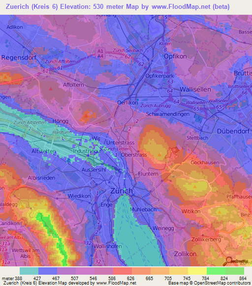 Zuerich (Kreis 6),Switzerland Elevation Map