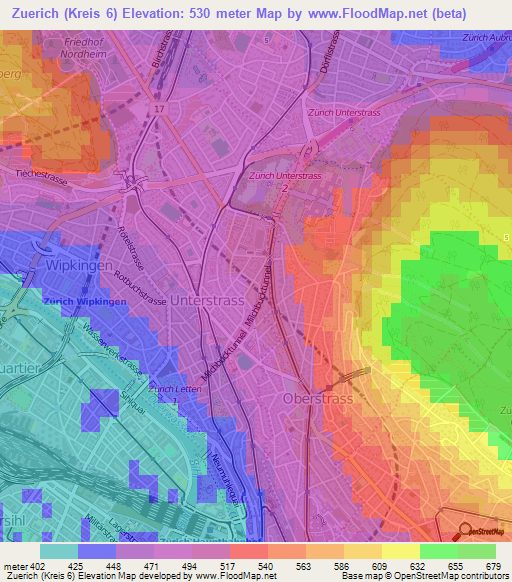 Zuerich (Kreis 6),Switzerland Elevation Map