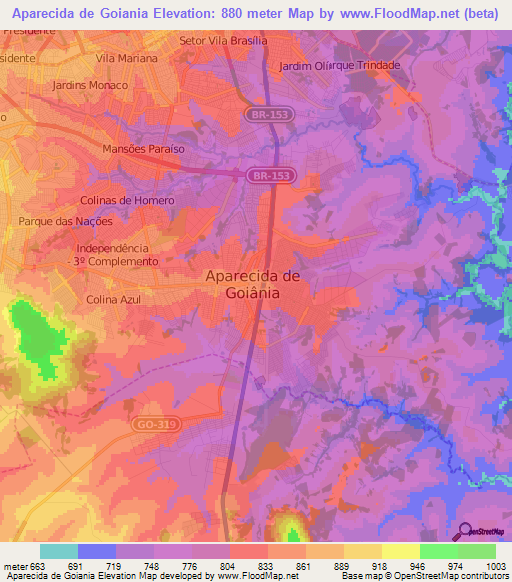 Aparecida de Goiania,Brazil Elevation Map