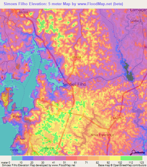 Simoes Filho,Brazil Elevation Map