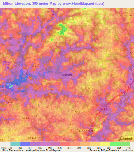 Milton,US Elevation Map