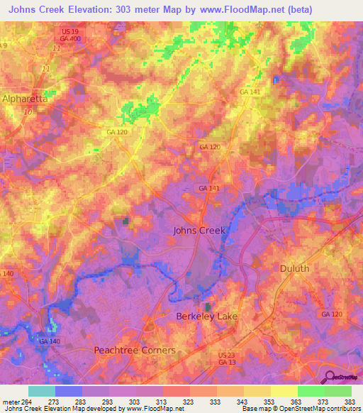 Johns Creek,US Elevation Map