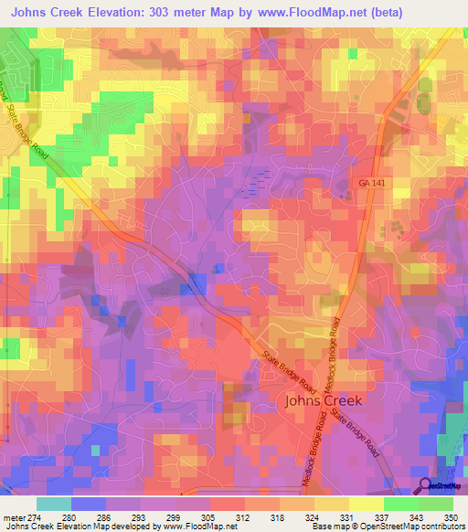 Johns Creek,US Elevation Map