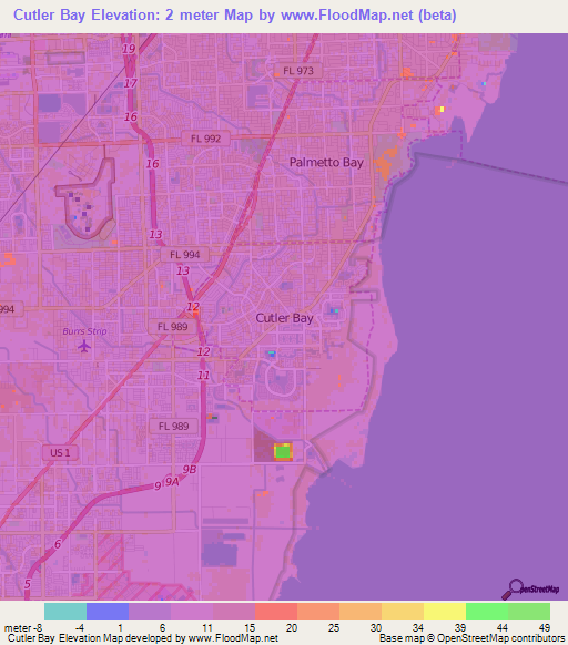 Cutler Bay,US Elevation Map