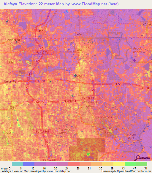 Alafaya,US Elevation Map