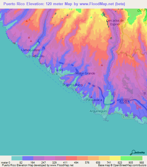 Puerto Rico,Spain Elevation Map