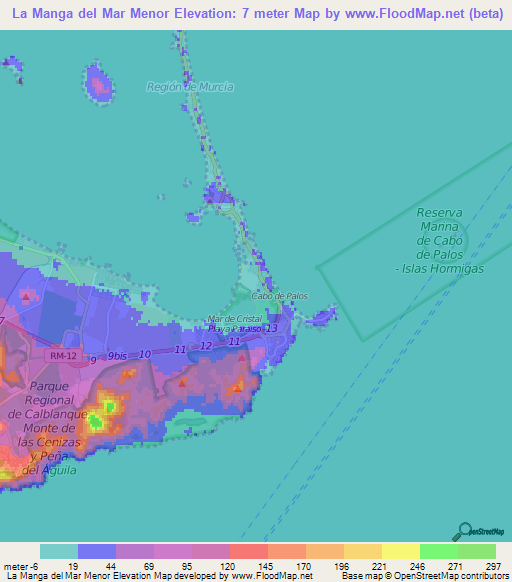 La Manga del Mar Menor,Spain Elevation Map