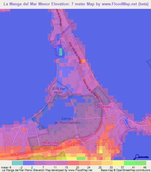 La Manga del Mar Menor,Spain Elevation Map