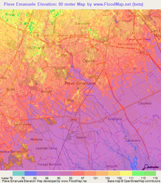 Pieve Emanuele,Italy Elevation Map