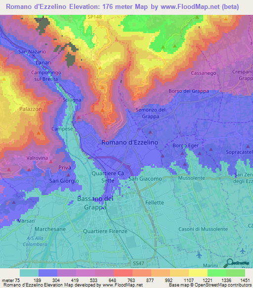 Romano d'Ezzelino,Italy Elevation Map