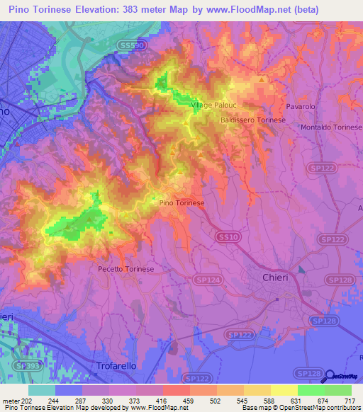 Pino Torinese,Italy Elevation Map