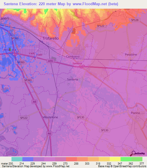 Santena,Italy Elevation Map