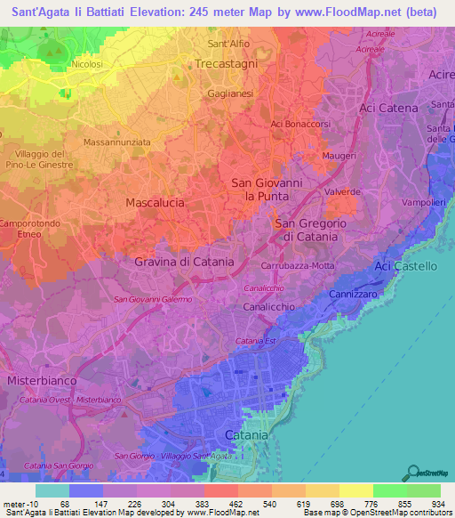 Sant'Agata li Battiati,Italy Elevation Map