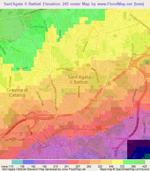 Sant'Agata li Battiati,Italy Elevation Map