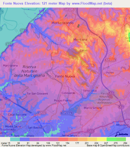 Fonte Nuova,Italy Elevation Map