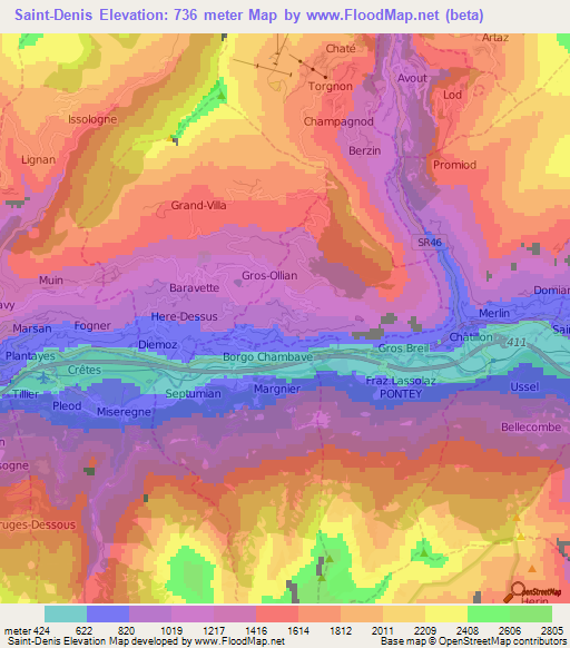 Saint-Denis,Italy Elevation Map