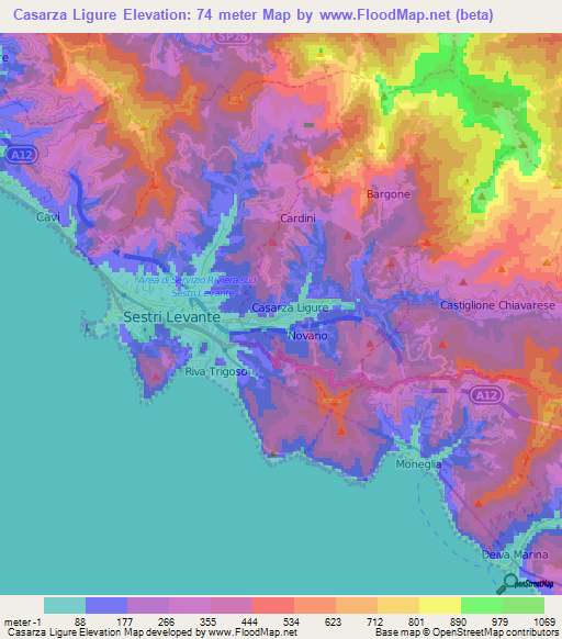 Casarza Ligure,Italy Elevation Map