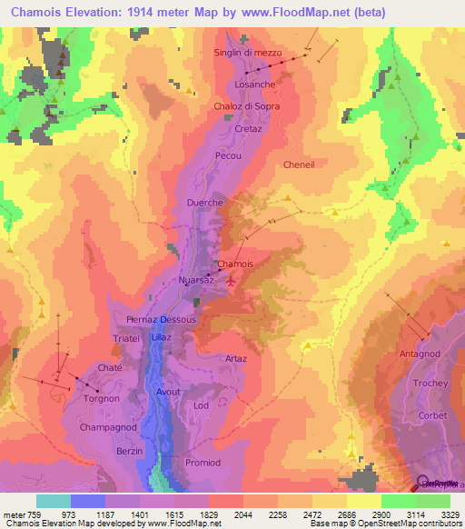 Chamois,Italy Elevation Map