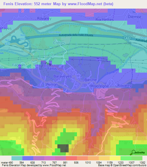 Fenis,Italy Elevation Map