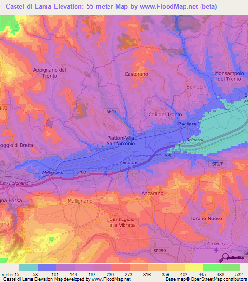 Castel di Lama,Italy Elevation Map