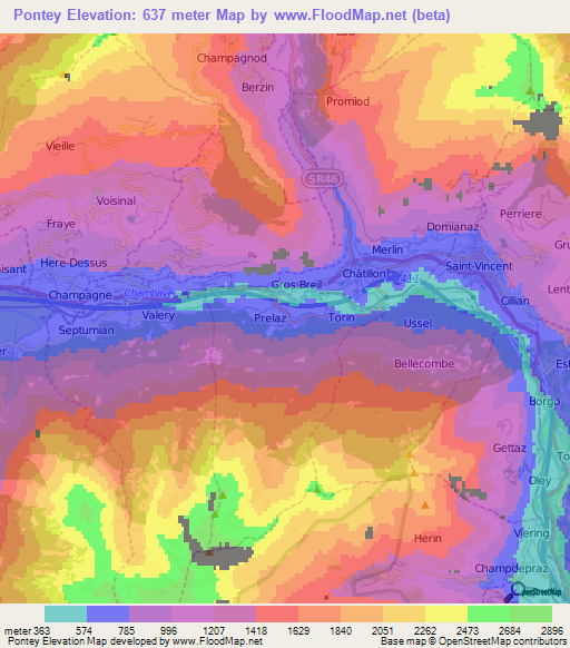 Pontey,Italy Elevation Map