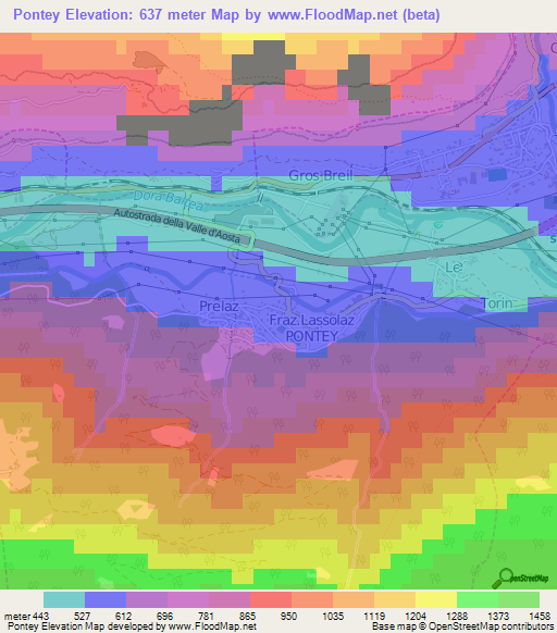 Pontey,Italy Elevation Map