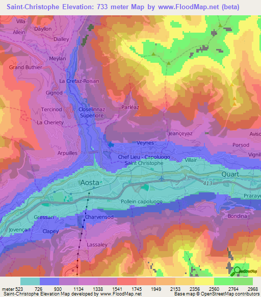 Saint-Christophe,Italy Elevation Map