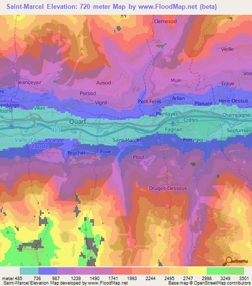 Saint-Marcel,Italy Elevation Map