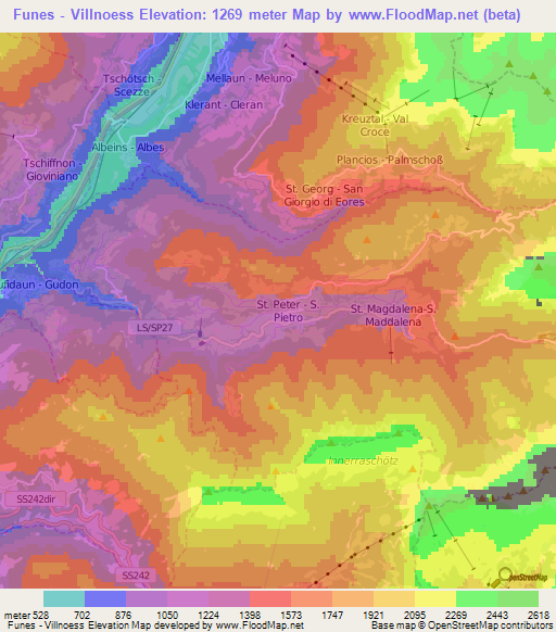 Funes - Villnoess,Italy Elevation Map