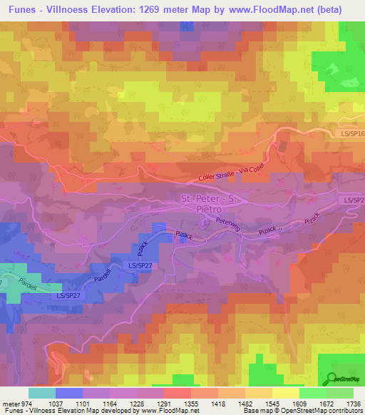 Funes - Villnoess,Italy Elevation Map