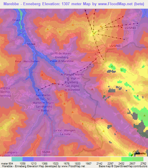 Marebbe - Enneberg,Italy Elevation Map