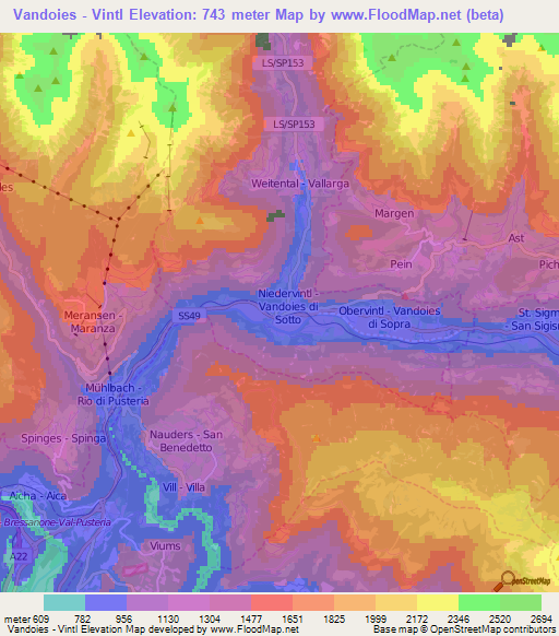 Vandoies - Vintl,Italy Elevation Map