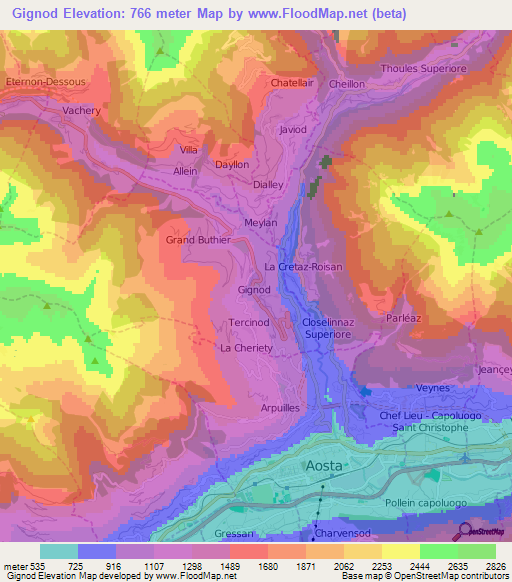 Gignod,Italy Elevation Map